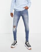 Topman Ripped Super Spray On Jeans In Mid Wash-blues