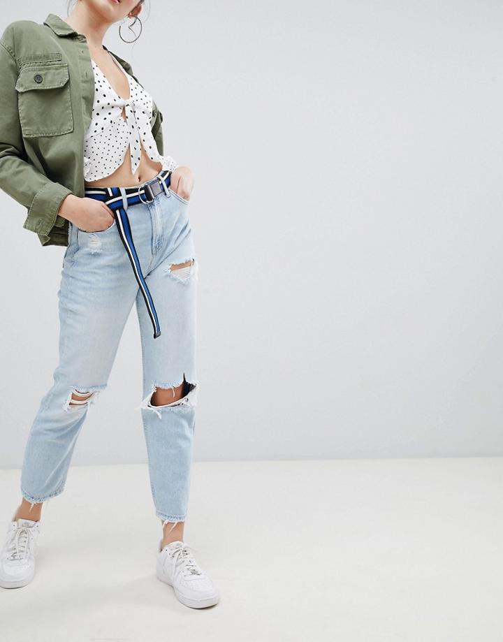 Bershka Light Washed Ripped Jean In Blue - Blue