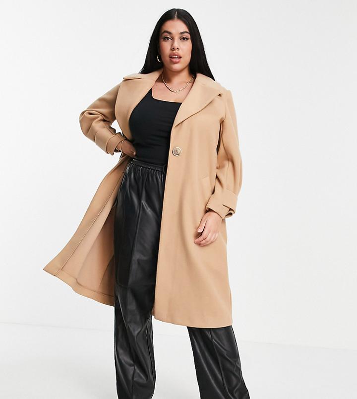 River Island Plus Cuff Detail Single Breasted Coat In Brown