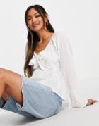 Asos Design Textured Tie Front Top With Cut Out In Ivory-white