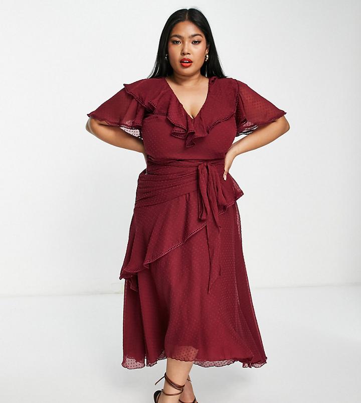 Asos Design Curve Drape Detail Midi Dress In Textured Chiffon With Tie Detail