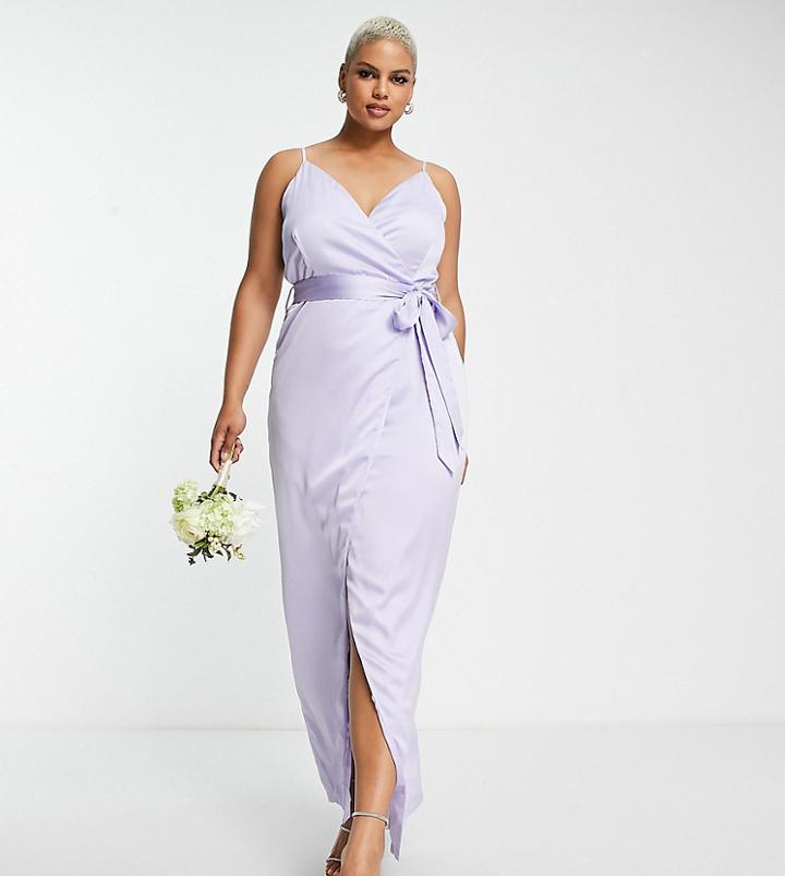 Liquorish Plus Bridesmaid Satin Wrap Maxi Dress With Belt In Dreamy Blue