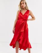 Ax Paris Satin Ruffle Midi Wrap Dress In Red