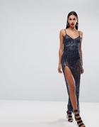 Naanaa Cami Maxi Dress With Thigh Split In Sequin - Navy