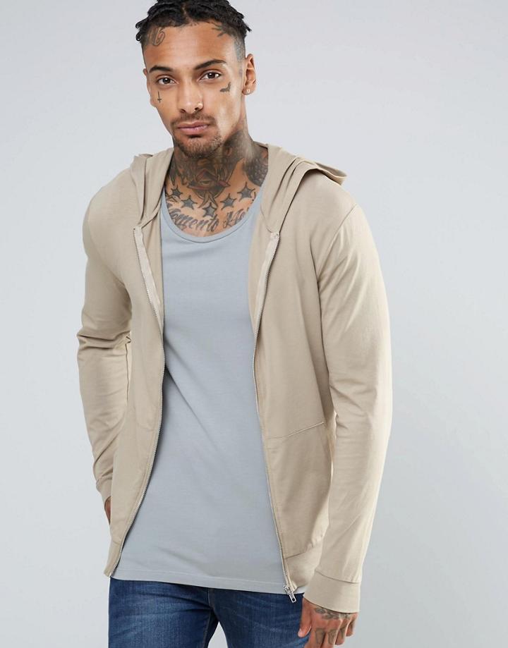 Asos Light Weight Jersey Muscle Zip-up Hoodie In Beige - Beige
