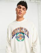 Asos Design Oversized Long Sleeve T-shirt In Beige With Brooklyn Front Print-white