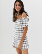 Asos Design Off Shoulder Shirred Sundress With Tiered Hem In White And Gray Check-multi