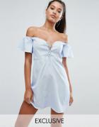 Naanaa Off Shoulder Pinstripe Mini Dress With Lace Up Front - Blue