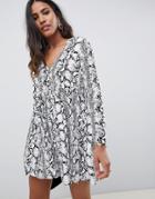 Asos Design Smock Mini Dress With Button Through In Snake Print - Multi