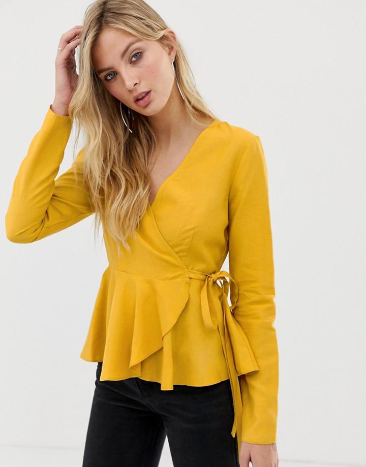 Asos Design Long Sleeve Wrap Top In Linen With Pephem-yellow