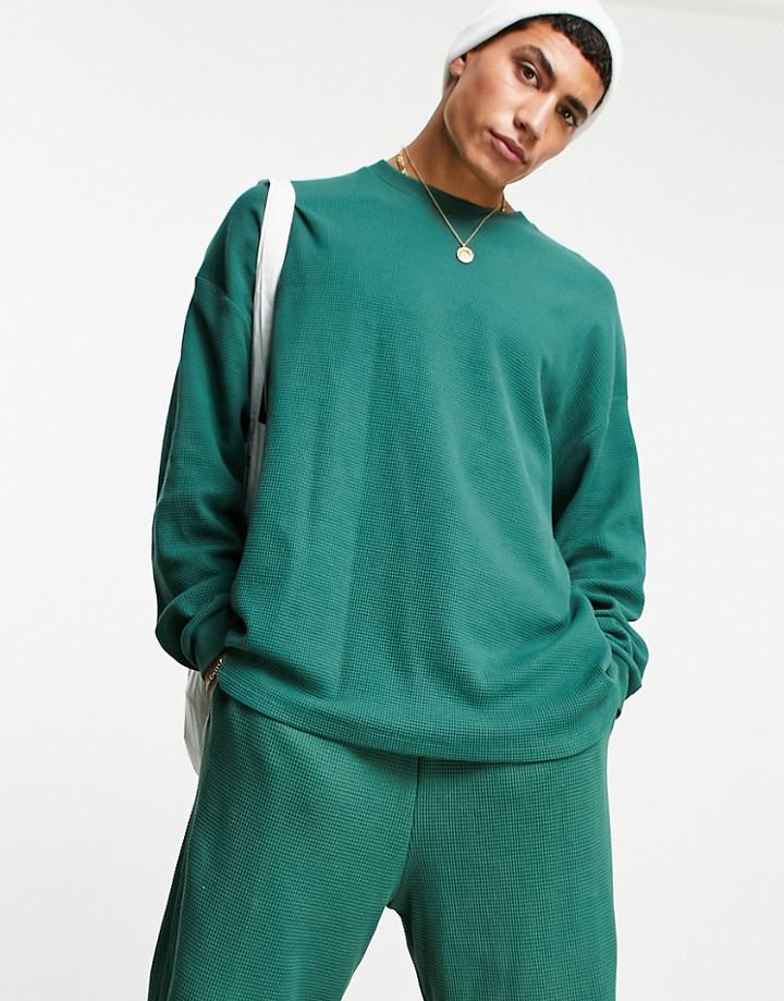 Asos Design Oversized Long Sleeve Waffle T-shirt In Dark Green - Part Of A Set