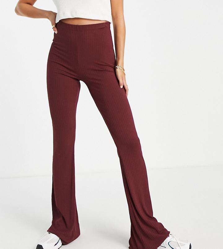 Asos Design Tall Rib Flare Pants In Oxblood-red