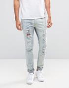 Asos Skinny Jeans With Rips In Bleach Wash - Blue