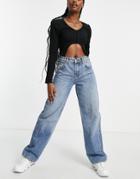 Asos Design Low Rise 'baggy' Boyfriend Jeans In Dirty Mid Wash Blue - Mblue