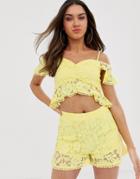 Love Triangle Bardot Ruffle Lace Crop Top Two-piece In Soft Lemon-yellow