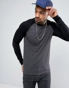Asos Long Sleeve Muscle T-shirt With Contrast Raglan Sleeves In Charcoal Marl/black - Multi