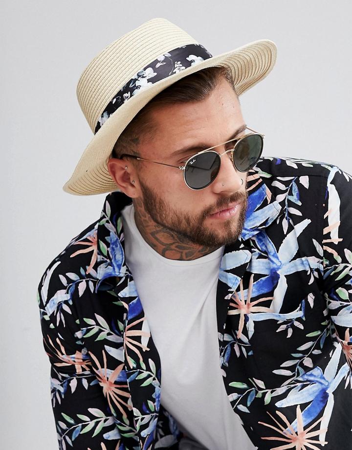 Asos Straw Wide Brim Pork Pie Hat With Band - Beige