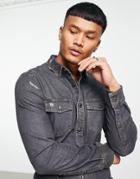 Asos Design Skinny Denim Shirt With Rips In Washed Black-gray