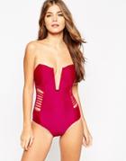 Asos Deep V Plunge Lattice Swimsuit - Pink