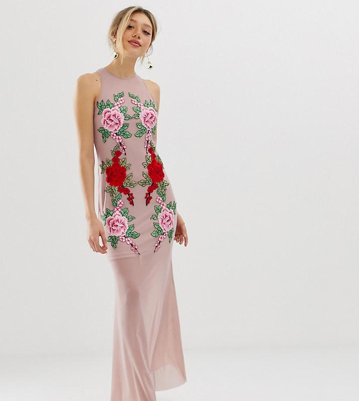 Naanaa Petite Fishtail Maxi Dress With Lace Applique-beige