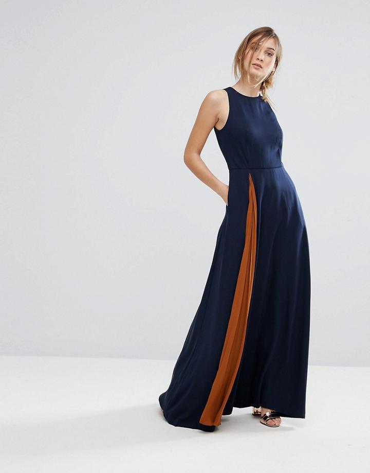 Ted Baker Contrast Pleat Maxi Dress - Navy