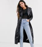 Daisy Street Belted Maxi Trench Coat In Vinyl-black