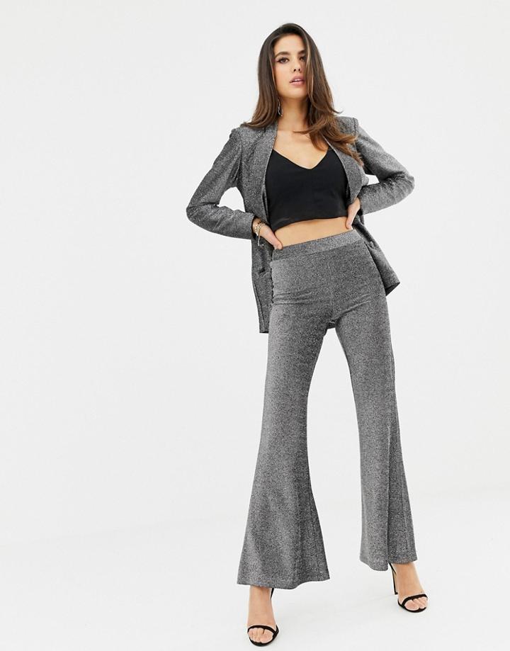 Lavish Alice Metallic Knit Flare Pants In Silver - Silver