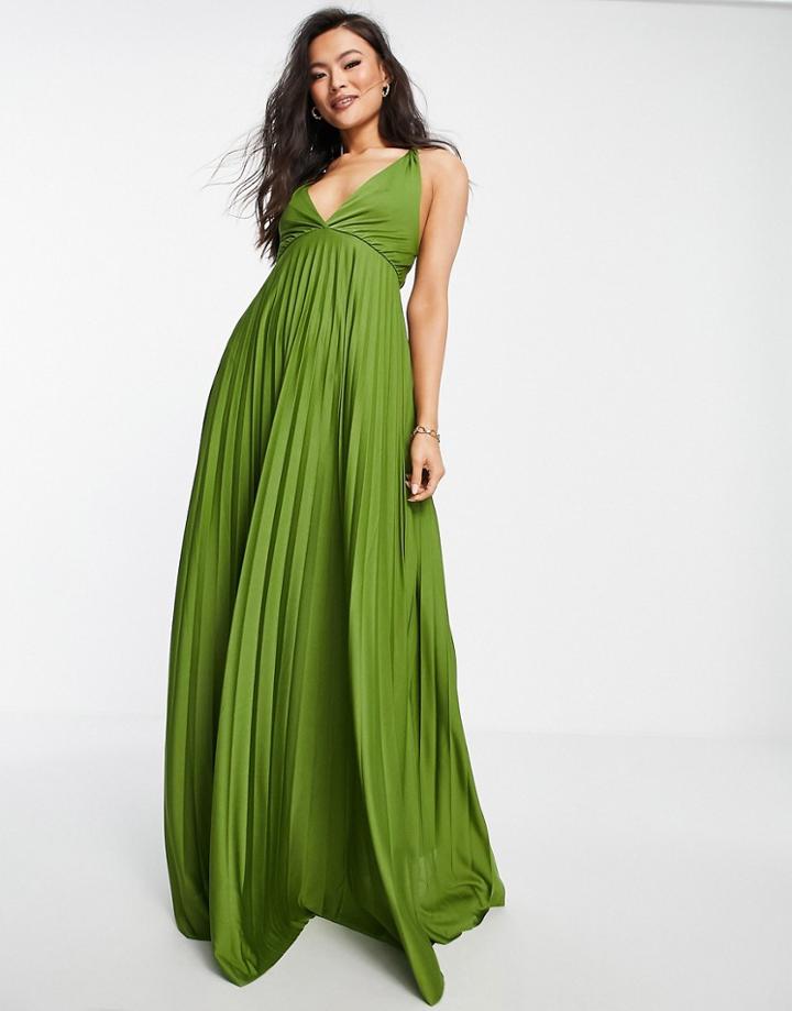 Asos Design Plunge Halter Cross Back Self Tie Pleated Maxi Dress In Olive-orange