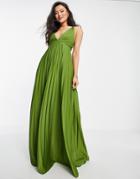 Asos Design Plunge Halter Cross Back Self Tie Pleated Maxi Dress In Olive-orange