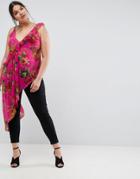 Asos Curve Asymmetric Cami With Ruffle Bright Pink Floral - Multi