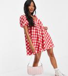 Asos Design Petite Textured Puff Sleeve Mini Dress In Red Gingham Print