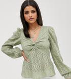 Asos Design Tall Long Sleeve V Neck Broderie Top With Twist Front Detail-green