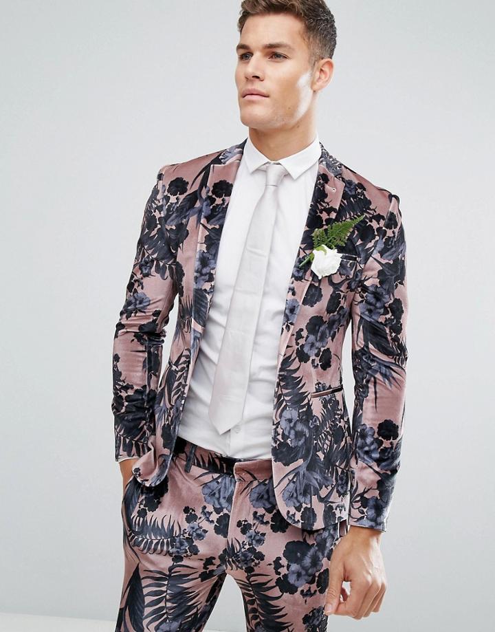 Asos Wedding Super Skinny Suit Jacket In Dusky Pink Floral Printed Velvet - Pink
