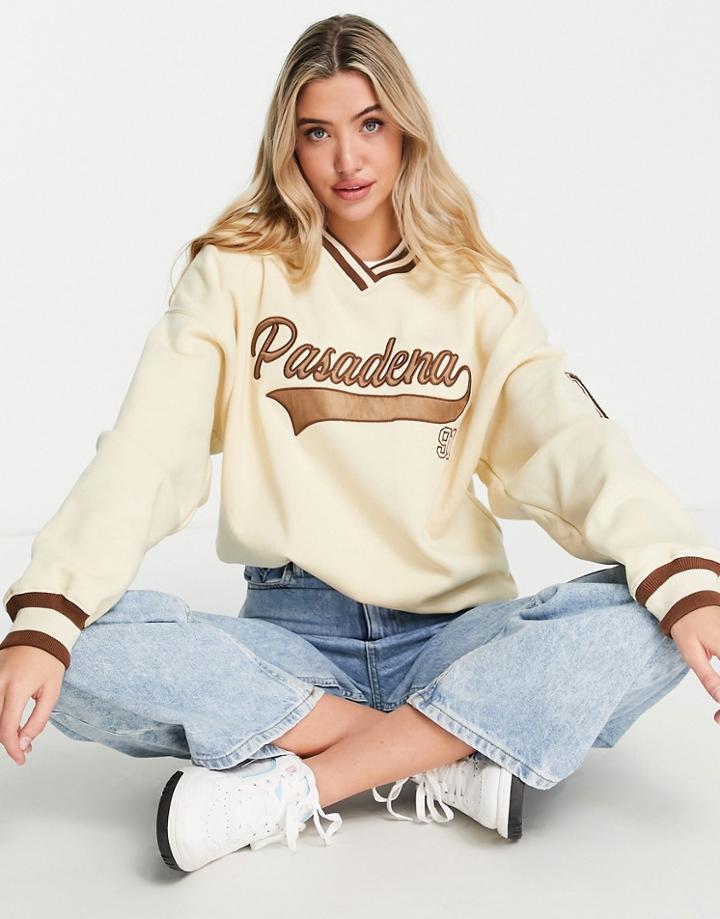 Pull & Bear V Neck Oversized Varsity Sweatshirt In Ecru-neutral
