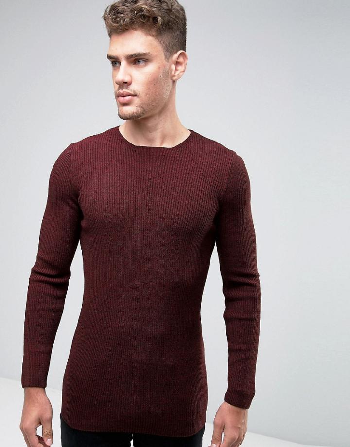 Asos Longline Ribbed Sweater In Muscle Fit - Red