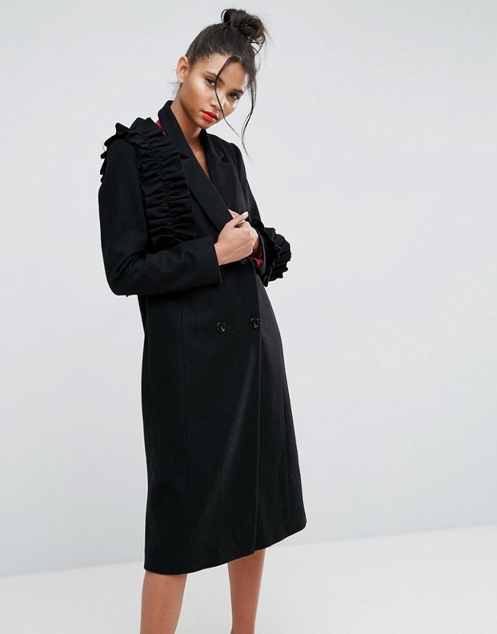 Asos Coat With Statement Frills - Black