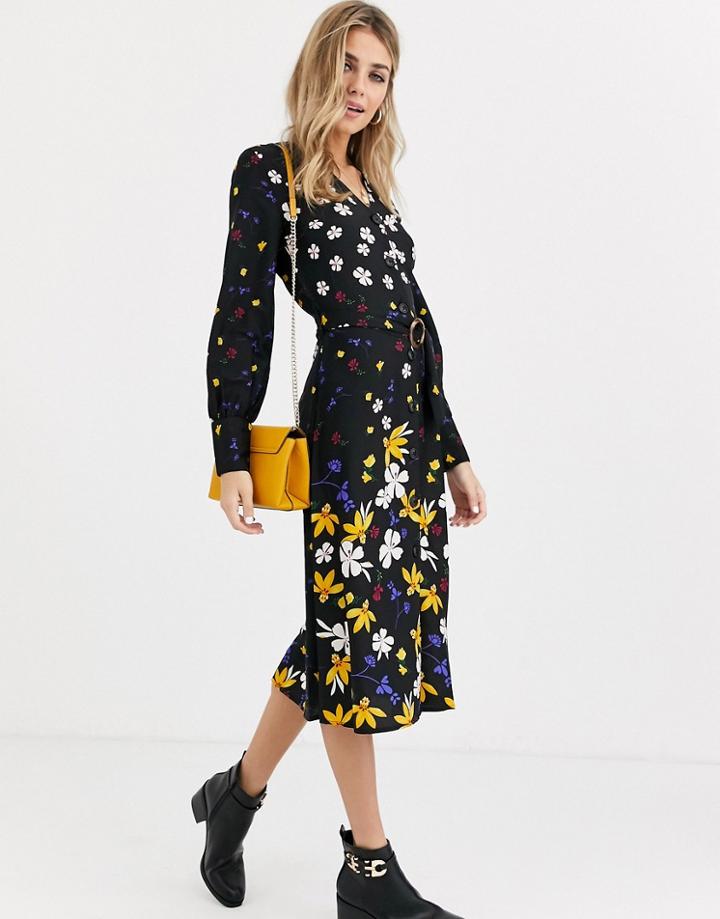 Influence Button Down Belted Midi Dress In Mixed Floral Print-multi