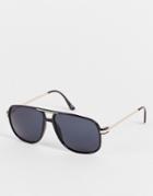 Asos Design 70's Aviator Sunglasses In Black With Smoke Lens And Gold Detail Frame - Black