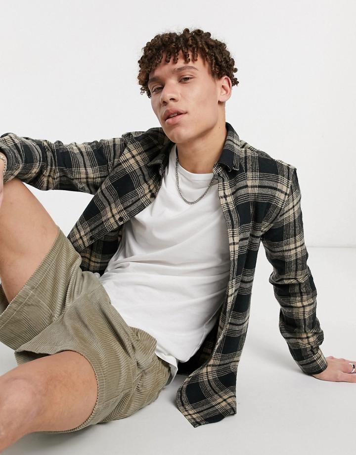River Island Long Sleeve Check Shirt In Black & Ecru