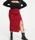 Flounce London Plus Ribbed Midi Skirt With Side Splits In Berry - Part Of A Set-red