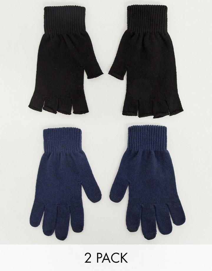 Asos Design 2pack Touchscreen Glove In Navy And Fingerless Glove In Black