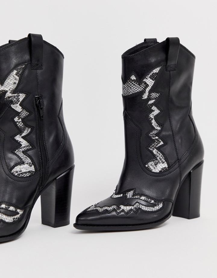 Bronx Black Leather Heeled Western Boots - Black