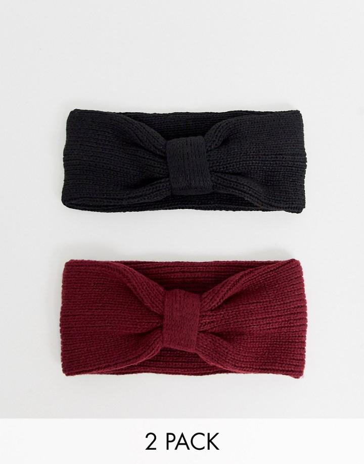 Asos Design 2 Pack Rib Headband In Recycled Polyester In Black & Burgundy-multi