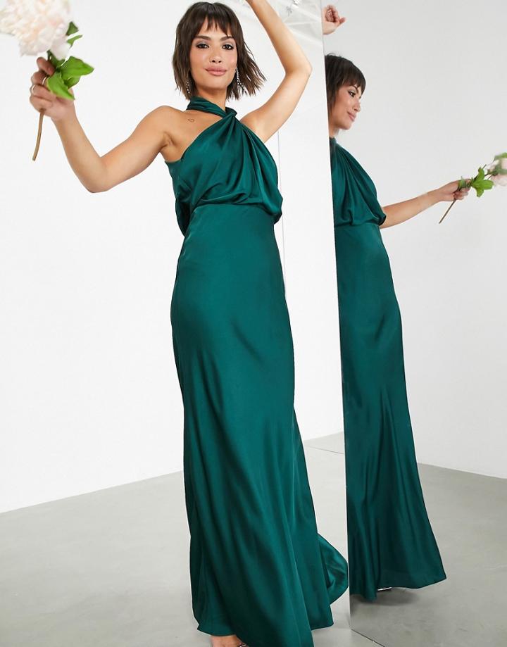 Asos Edition Satin Ruched Halter Neck Maxi Dress In Forest Green