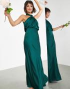 Asos Edition Satin Ruched Halter Neck Maxi Dress In Forest Green
