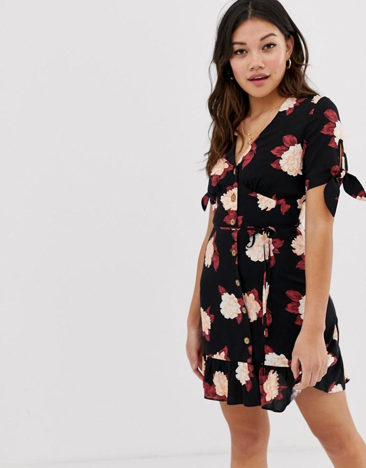 Miss Selfridge Tie Sleeve Tea Dress In Black Floral - Black