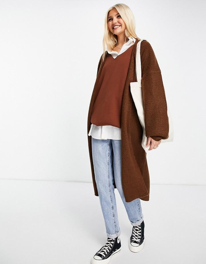 Miss Selfridge Balloon Sleeve Maxi Cardigan In Chocolate-brown