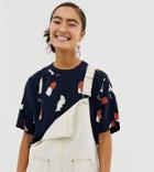 Monki Abstract Face Print Oversized Top In Navy - Navy