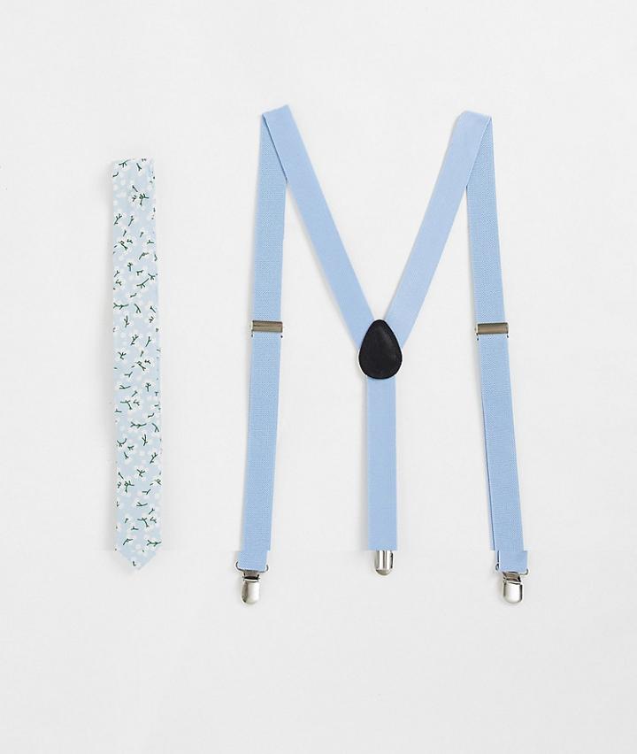 Asos Design Skinny Tie In Baby Blue Floral With Suspenders