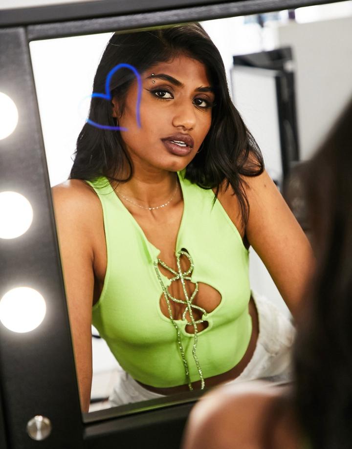 Bershka Strapping Detail Cut Out Top In Lime Green